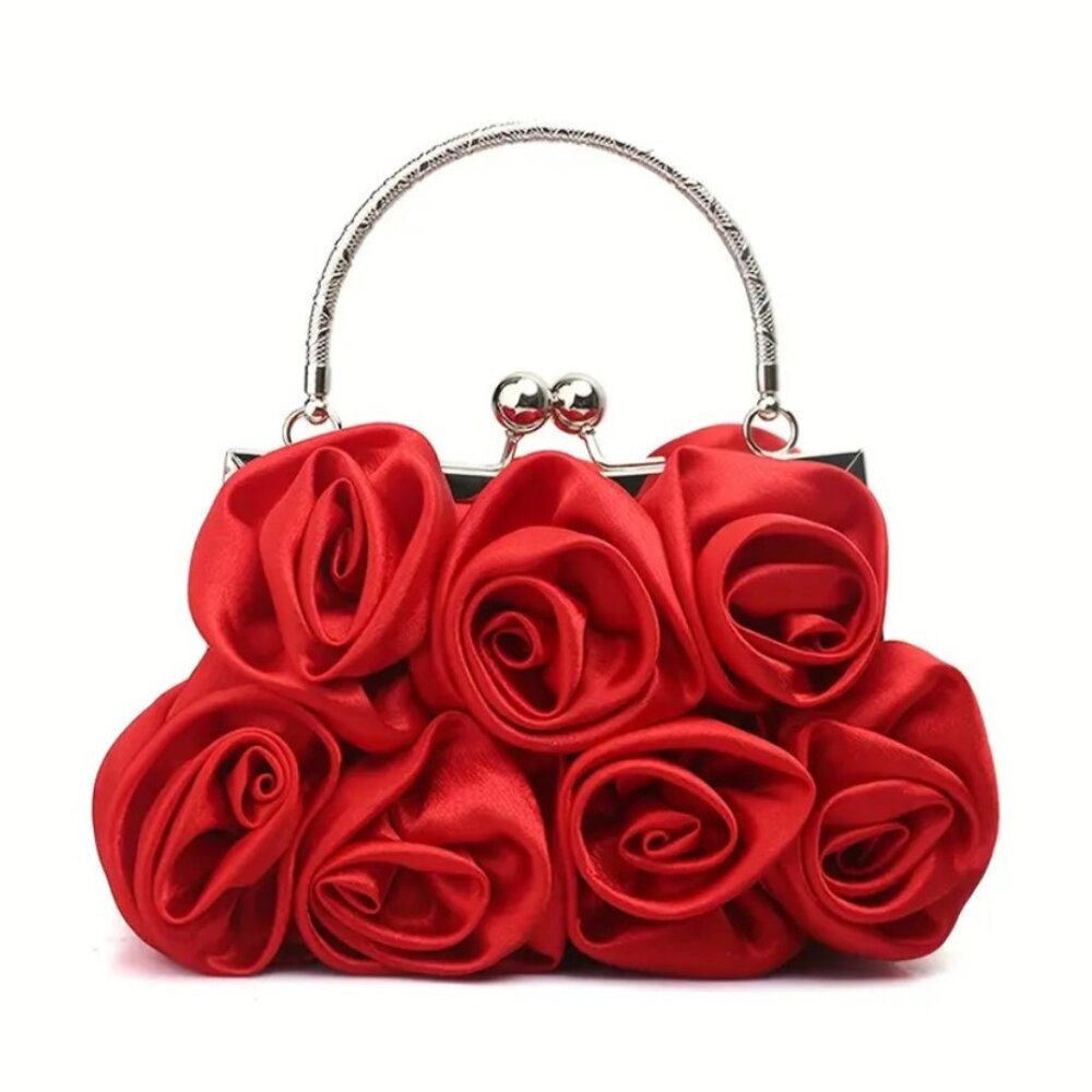 Elegant RED Satin Roses Clutch Purse Handbag w/ Rhinestone Handle & Chain  NEW - Picture 7 of 8